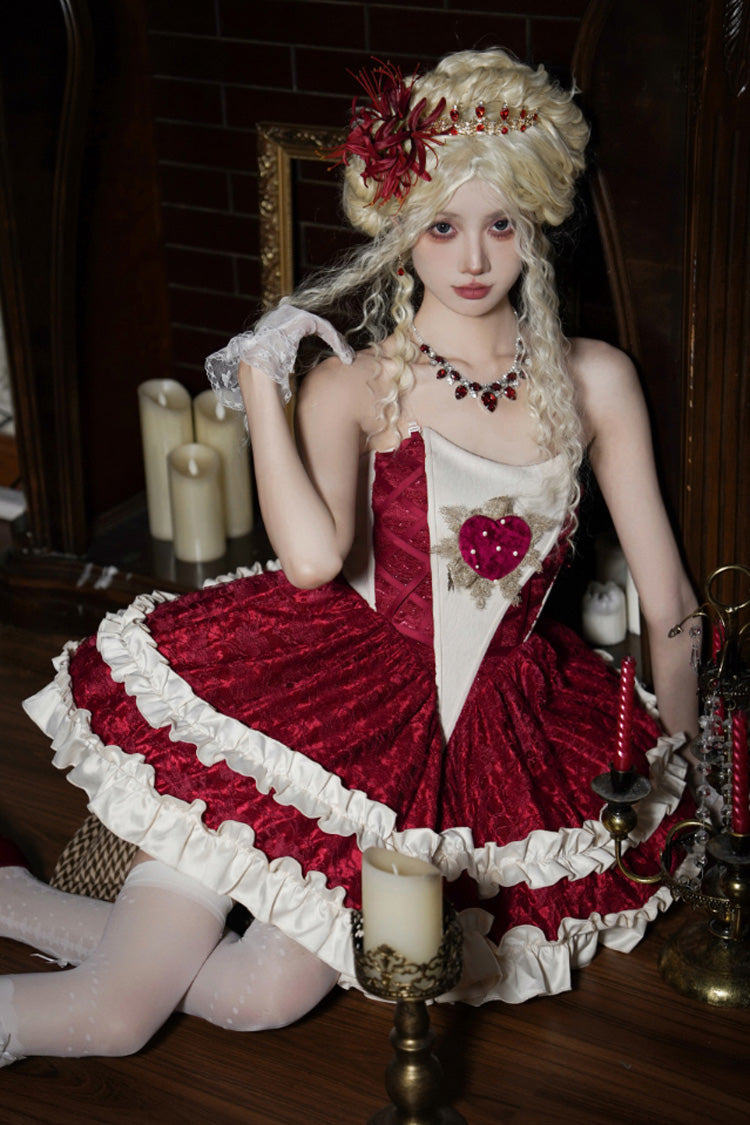 Red Heart of Mary Tube Top Sleeveless Ruffle Fishbone Gothic Lolita Dress