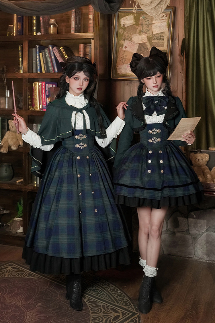 Blue/Green Berlin's letter Double-Layered Plaid Print Ruffle Bowknot Classic College Style Lolita Strap Dress Set 2 Versions