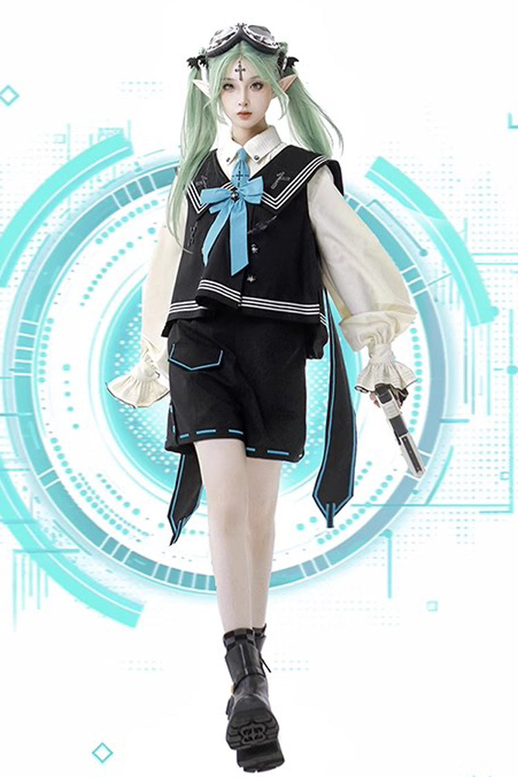 Dark Blue Magician Long Sleeves Ouji Prince Mechanical Style Lolita Shorts Vest Set