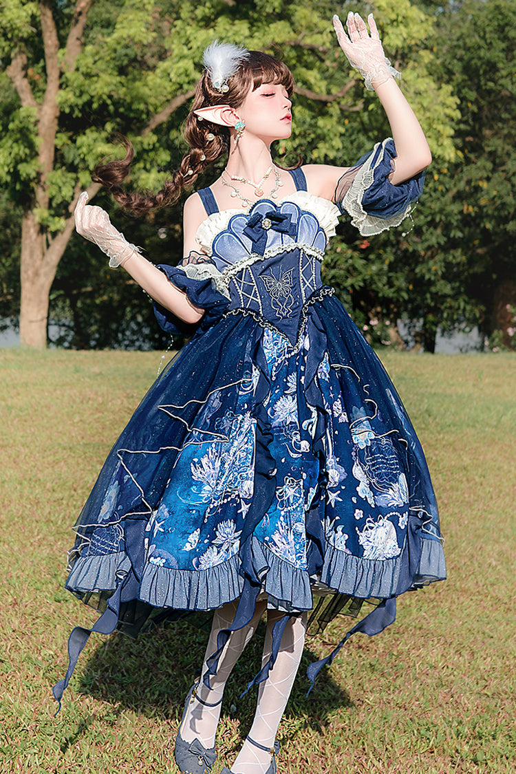 Blue Deep Sea Jellyfish Print Ruffle Lace Sweet Elegant Lolita Jsk Dress