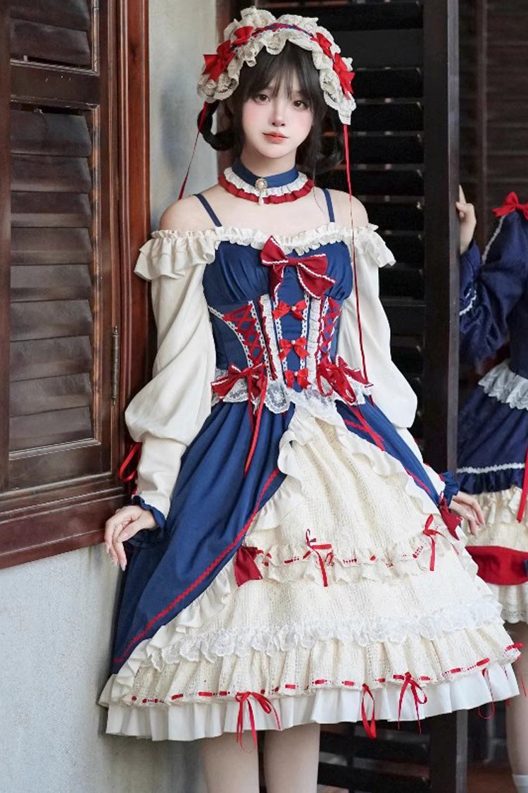 White/Blue Snow White Love Song Ruffle Cardigan Bowknot Long Sweet Lolita Dress