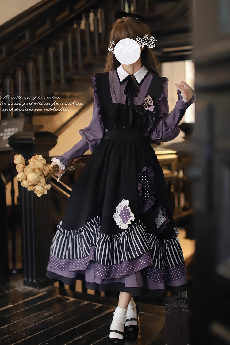 Black Witch Academy Double-Layered Stripe Print Ruffle Bowknot Irregular Sweet Lolita Jumper Dress