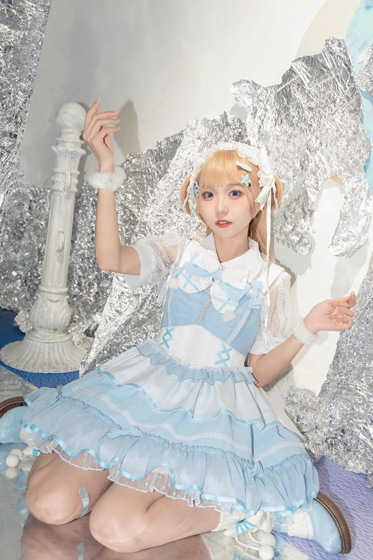 Blue/White Cotton Cloud Lapel Collar Ruffle Bowknot Lace-Up Sweet Lolita Jsk Dress