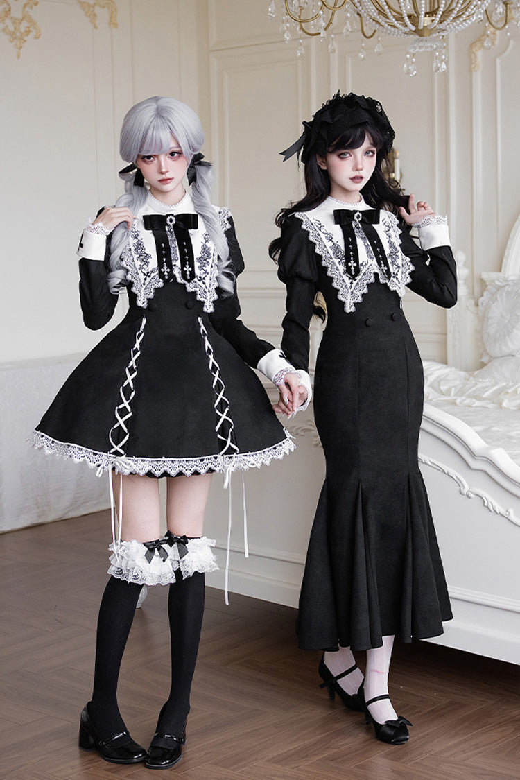 Black/White Rose Doll Square Collar Long Sleeves Bowknot Lace-Up Gothic Lolita Dress Set 2 Versions