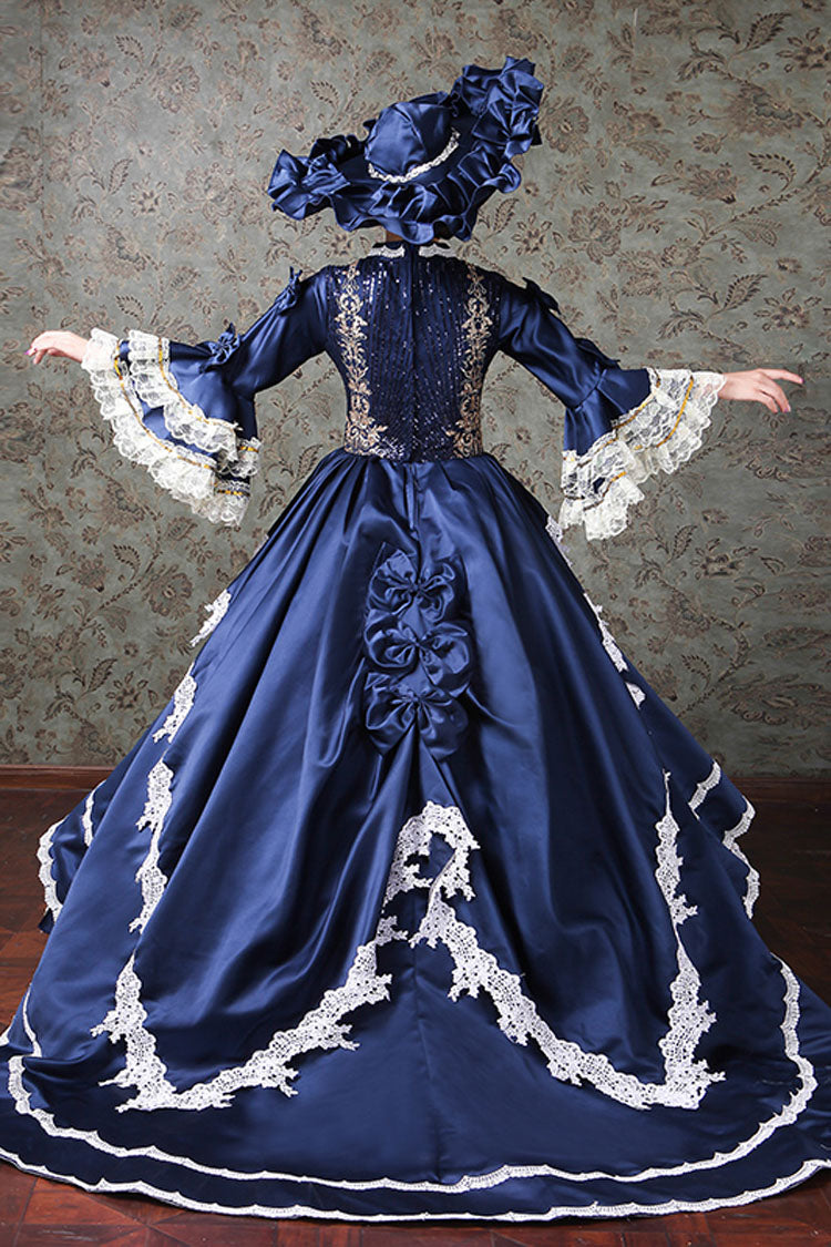 Multi-Layer Trumpet Sleeves High Waisted Lace Stitching Embroidery Print Victorian Lolita Prom Dress