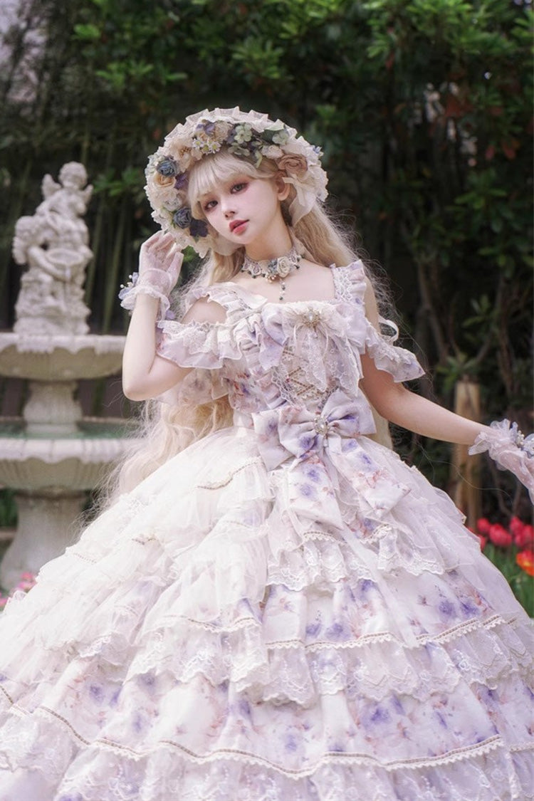 Blue Rose Letter Off Shoulder Triple-Layered Print Ruffle Hanayome Sweet Princess Lolita Dress