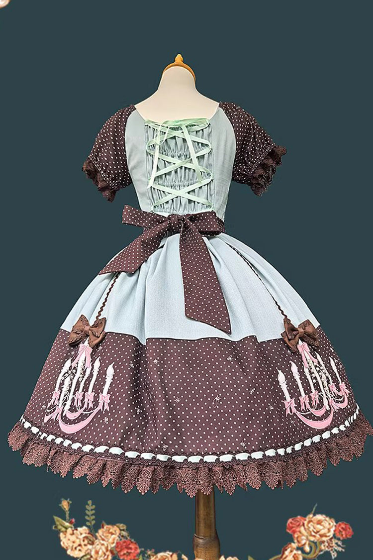 Chandelier Printed Sweet Short Sleeves Bow Lace-Up Pearl-Decorated Lolita Dress 4 Colors