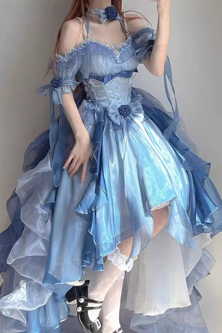 Blue Short Sleeves Hanayome Bowknot Sweet Elegant Princess Lolita Dress