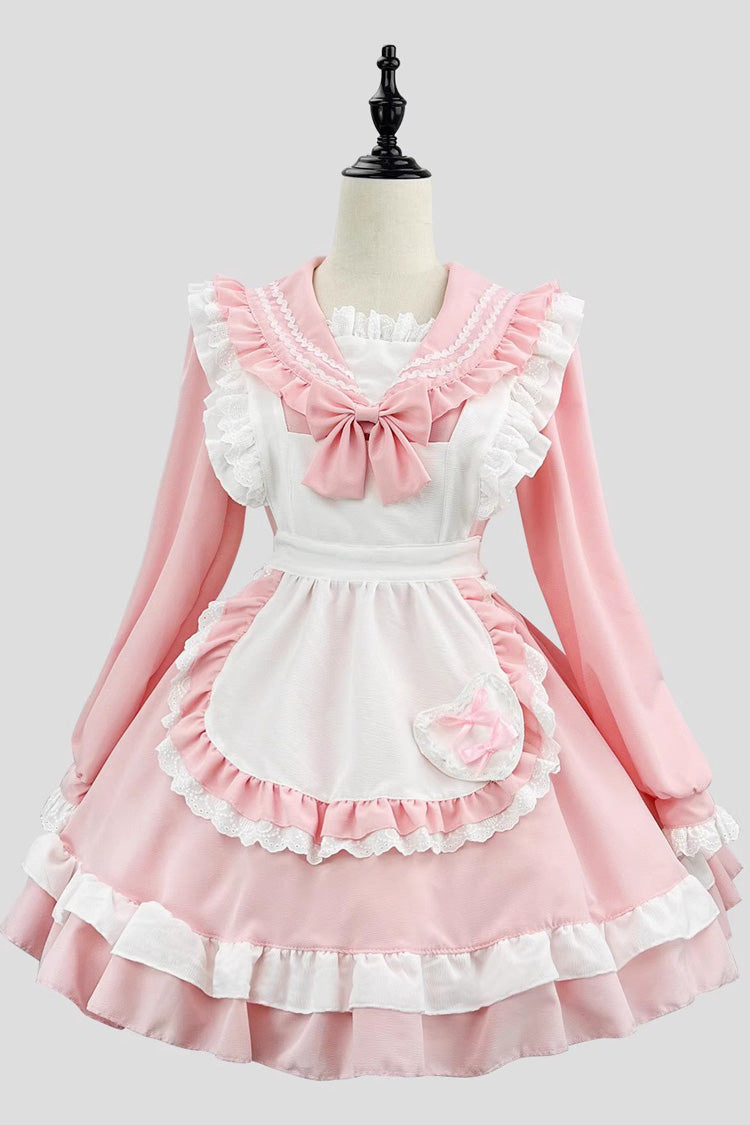 Pink Maid Long Sleeves Ruffle Bowknot Sailor Sweet Plus Size Lolita Dress Full Set