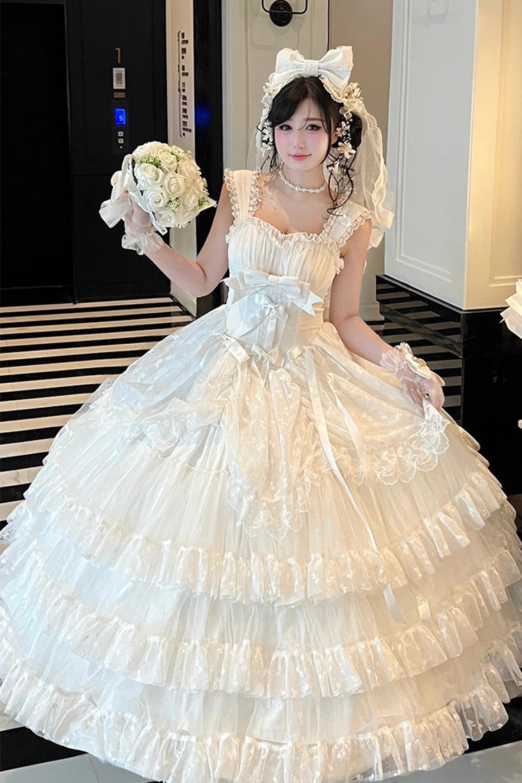 White Maiden Lace Off Shoulder Triple-Layered Ruffle Hanayome Bowknot Lace Sweet Lolita Jsk Dress