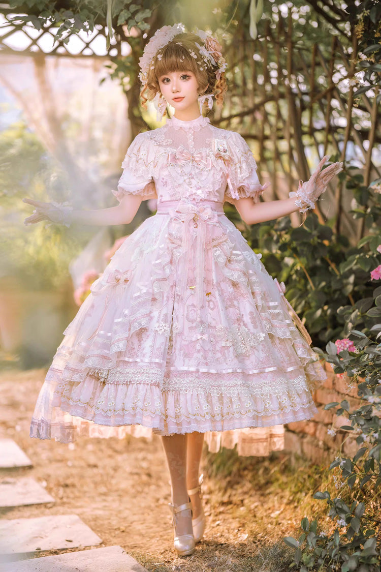 White/Pink Realm of Sunset Short Sleeves Printed Ruffled Hanayome Bow Lace Gorgeous Sweet Lolita Dress Set