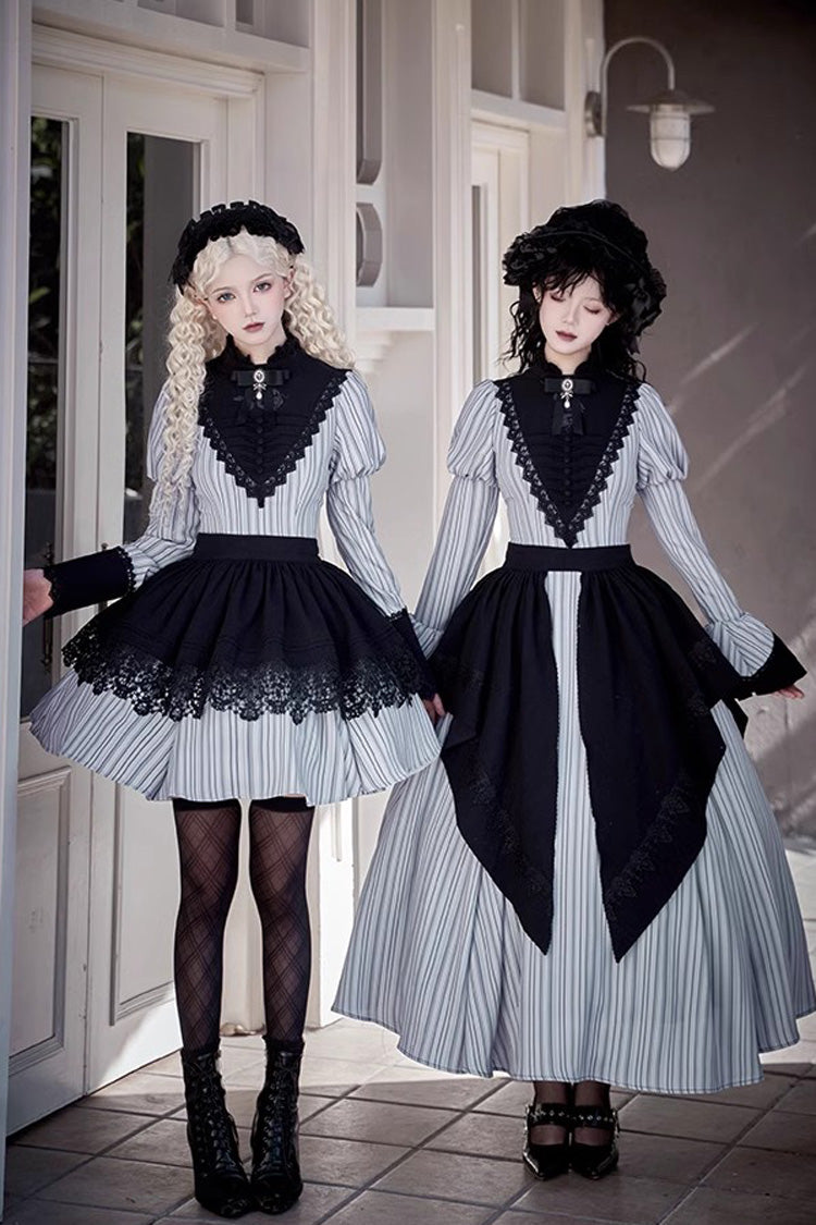 Light Grey Nocturne Vertical Stripes Print Ruffle Bowknot Lace Gothic Lolita Dress 2 Versions