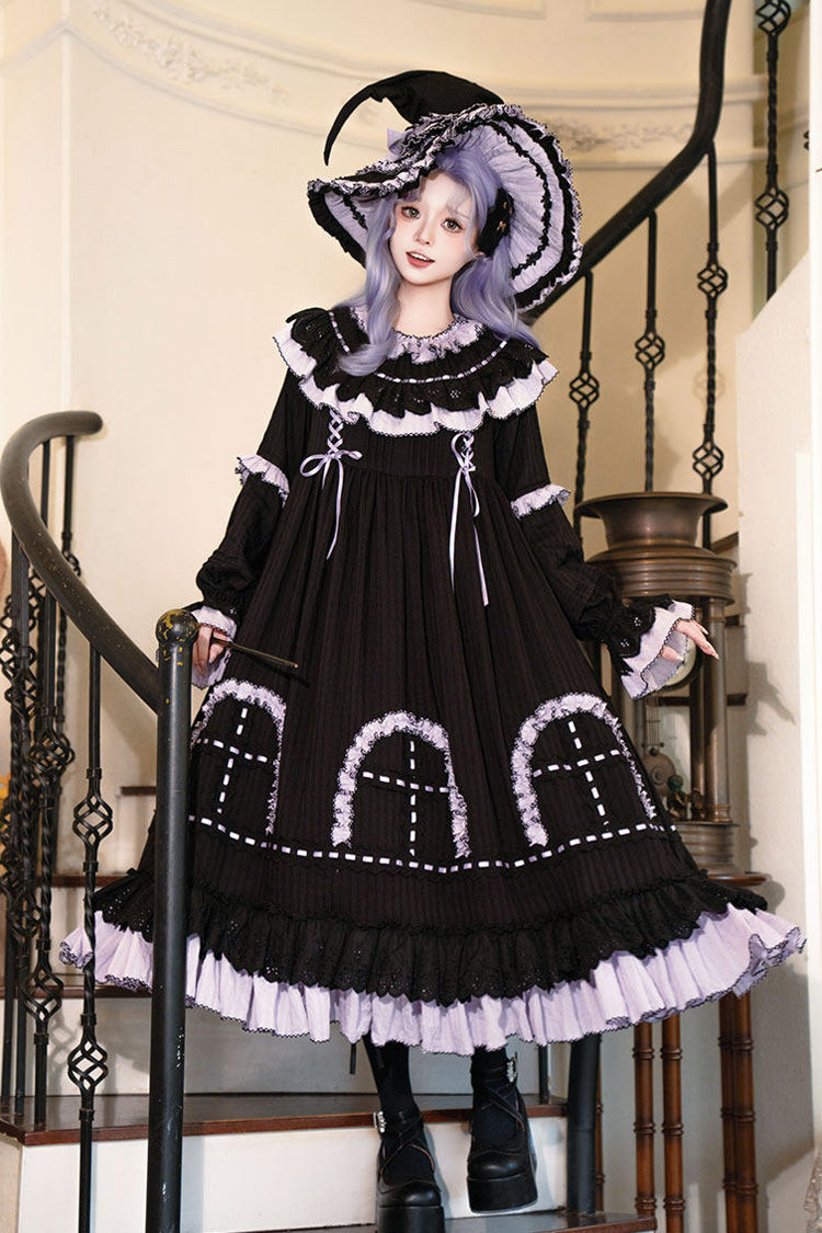 Black Twin Lilian Round Collar Long Sleeves Double-Layered Ruffled Bow Lace-Up Gothic Lolita Dress
