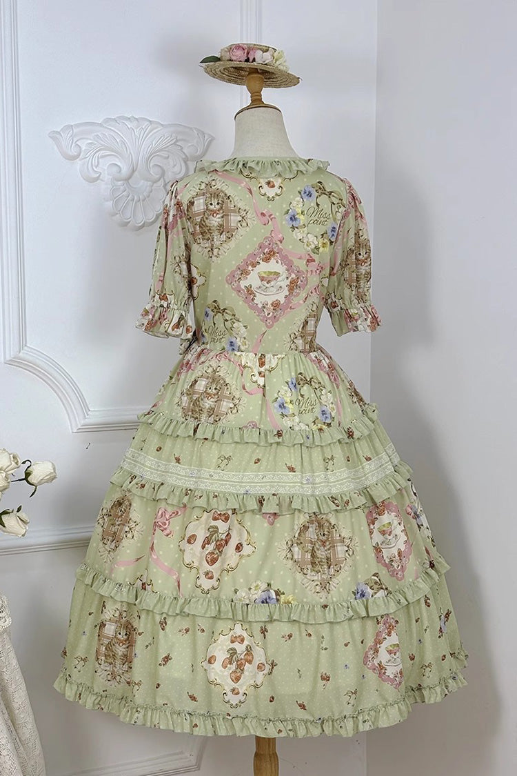 Green Cat Rose Tea Short Sleeves Print Ruffle Cardigan Bowknot Daily Sweet Lolita Dress