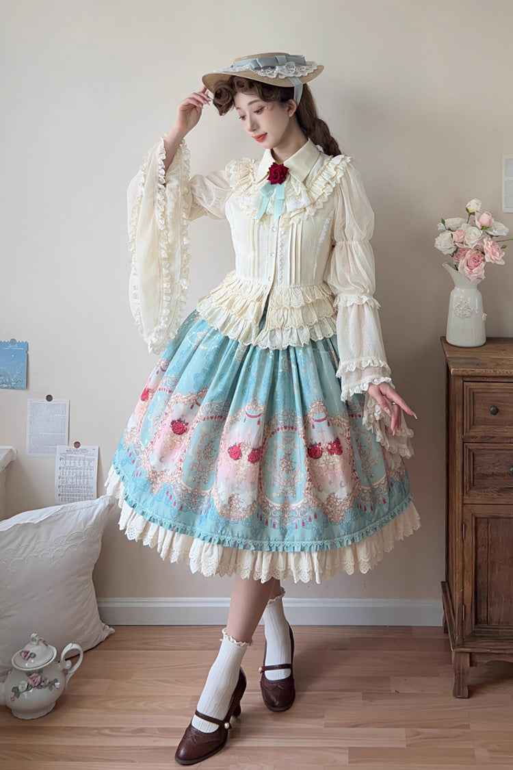 Blue Moonlit Garden Secret Print Ruffle Embroidery Lace Sweet Elegant Palace Lolita Skirt