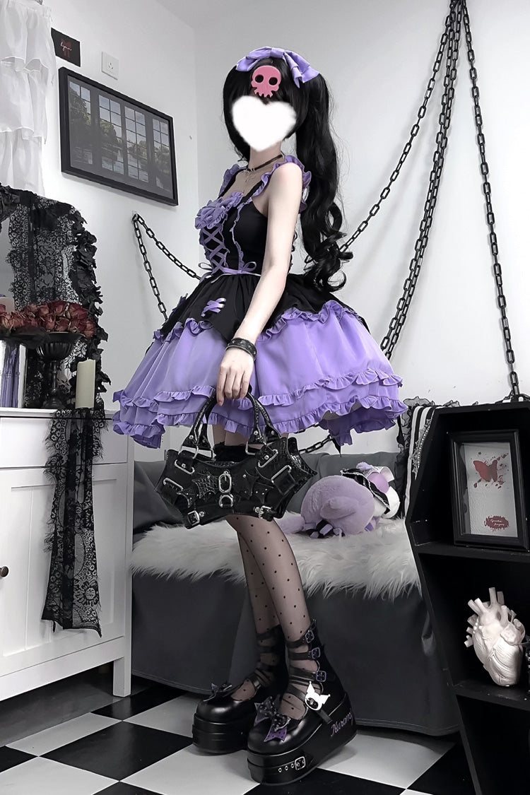 Black/Purple Halloween Little Witch Sleeveless Double-Layered Ruffle Bowknot Lace-Up Gothic Lolita Jsk Dress