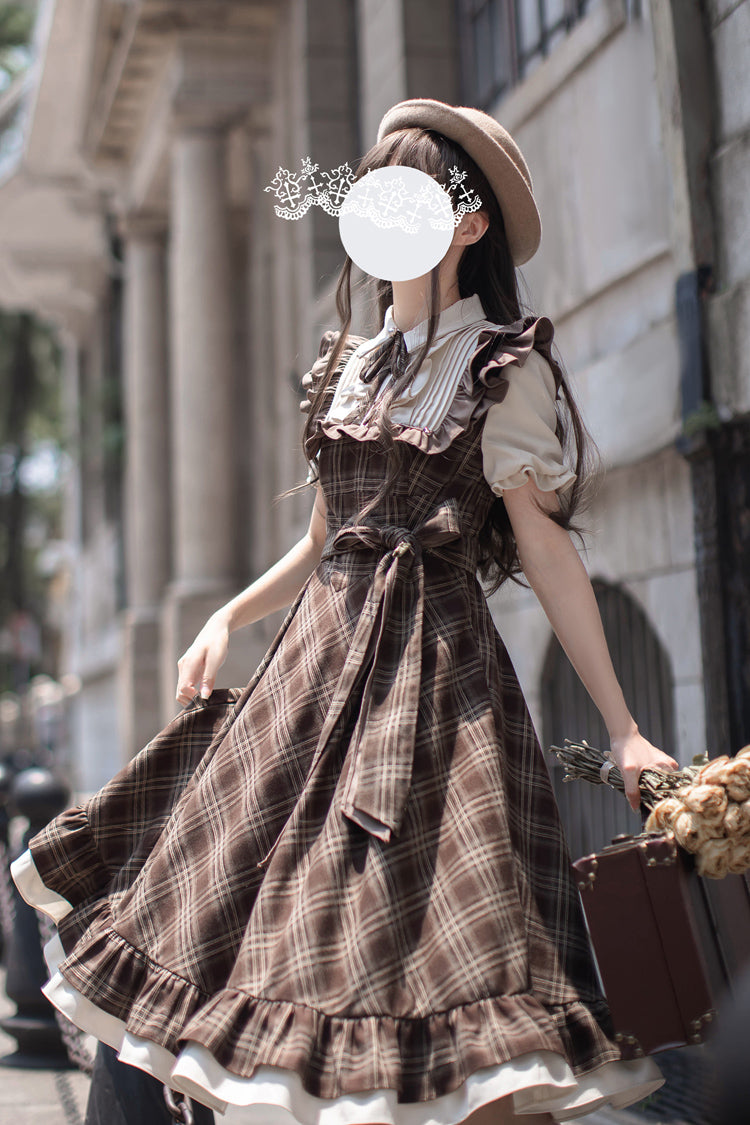 Brown The Thames at Dusk Print Short Sleeves Ruffle Bowknot Fake Two Pieces Vintage Lolita Dress