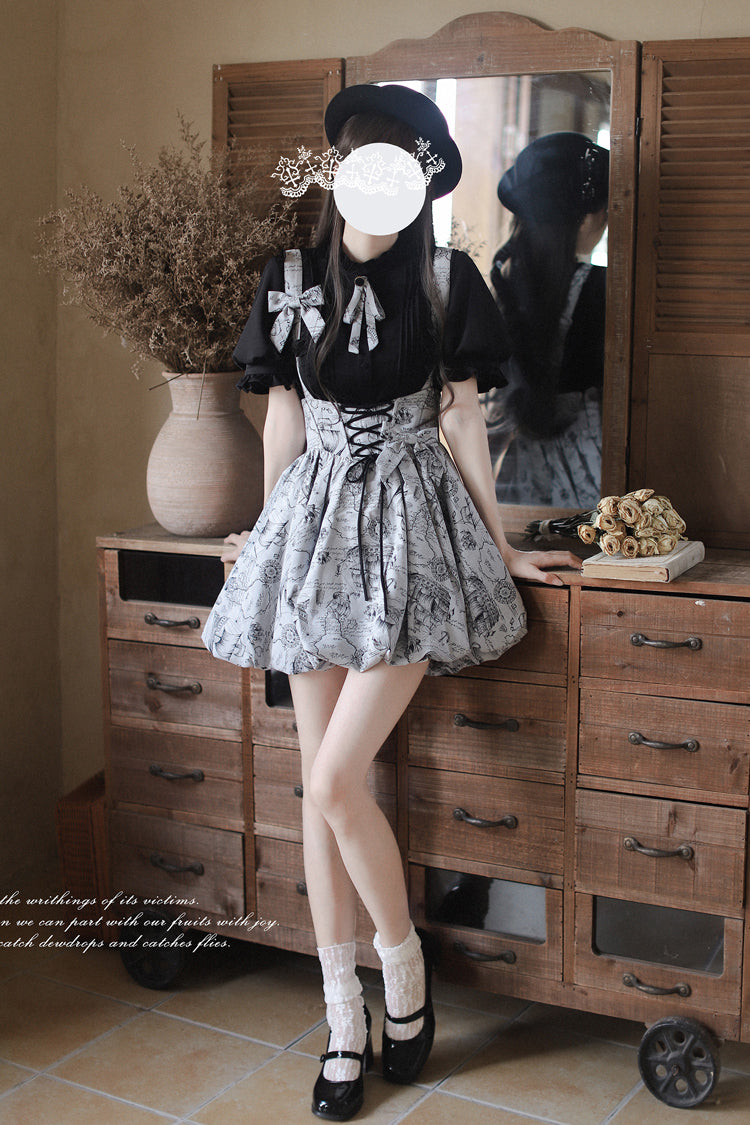 Grey Elise Print Bowknot Lace-Up Sweet Vintage Lolita Skirt