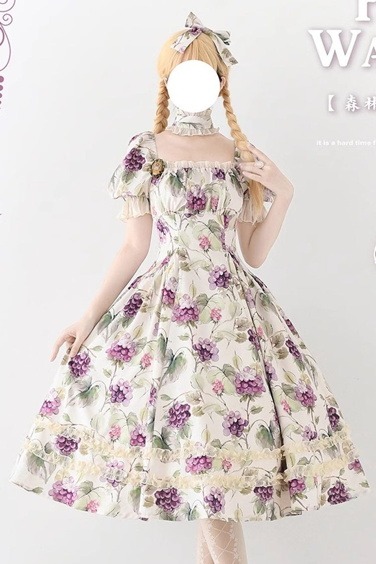 Forest Basket Print Short Sleeves Ruffle Lace Sweet Elegant Lolita Dress 6 Colors