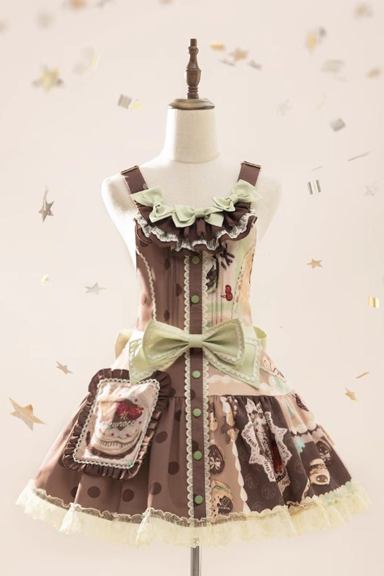 Brown Cake Chocolate Dessert Print Ruffle Bowknot Sweet Lolita Strap Dress