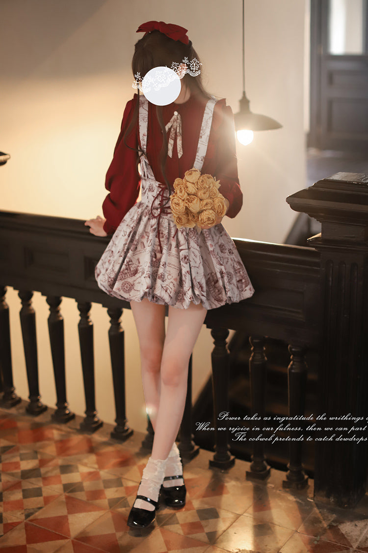 Grey Elise Print Ruffle Lace-Up Sweet Lolita Skirt