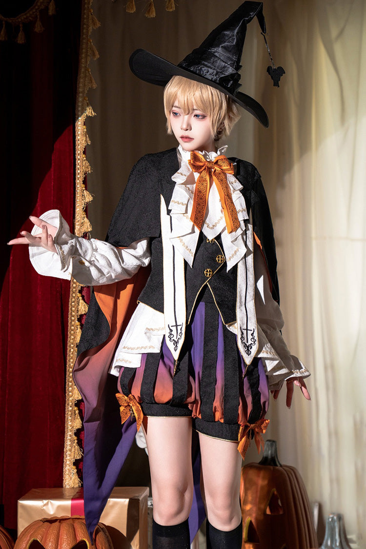 Black/Brown Little Devil Stand Collar Long Sleeves Gradient Print Ruffle Bowknot Gothic Prince Ouji Lolita Set