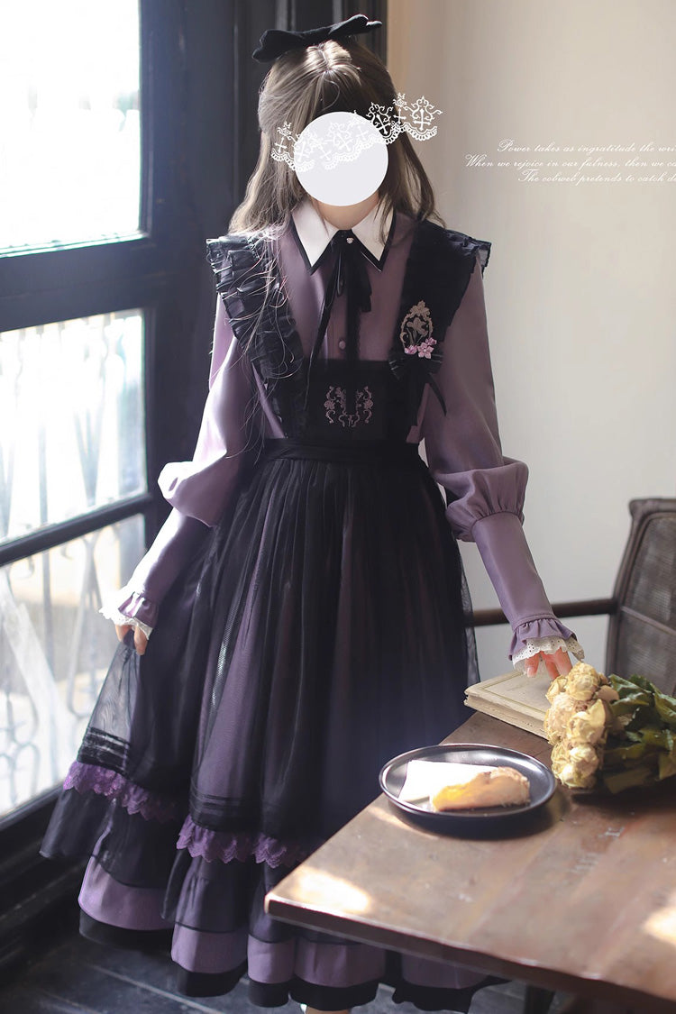 Black Witch Academy Double-Layered Ruffle Embroidery Bowknot Mesh Sweet Elegant Lolita Jumper Dress