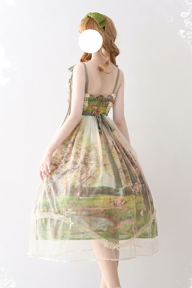 Green Oil Painting – Spring Sleeveless Print Ruffle Bowknot Lace Sweet Lolita Jsk Dress