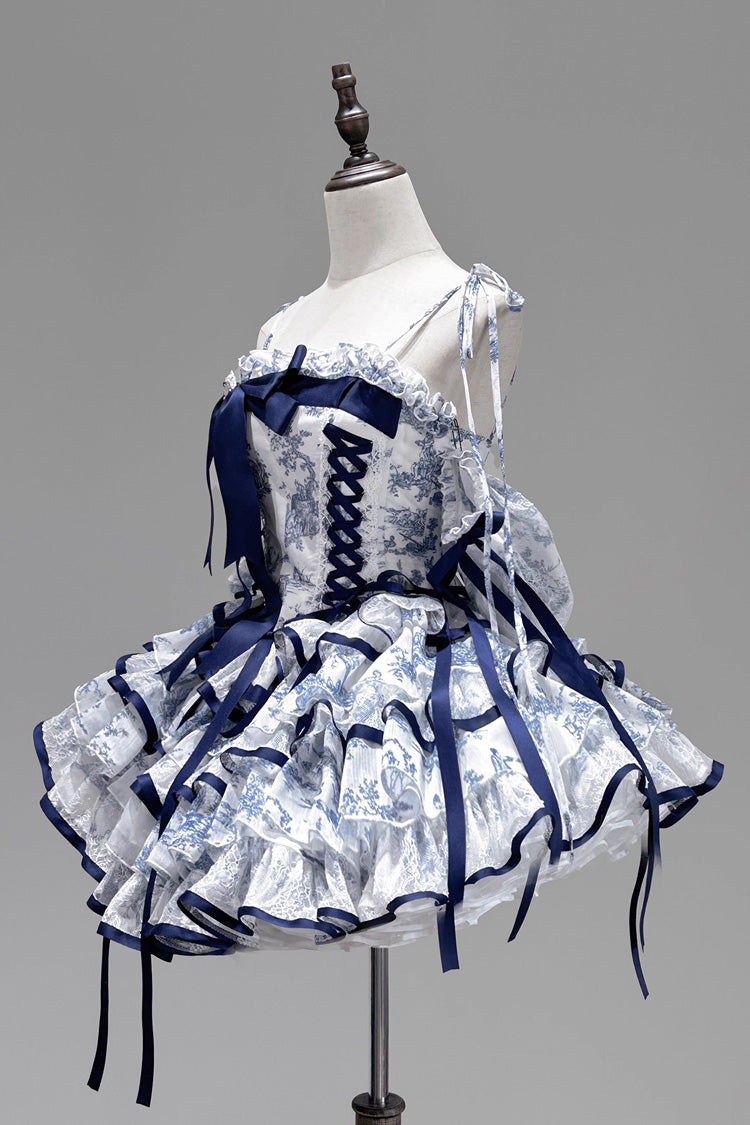 Blue/White Sleeveless Multi-Layered Print Bowknot Fishbone Sweet Classic Chinese Style Lolita Jsk Short Dress