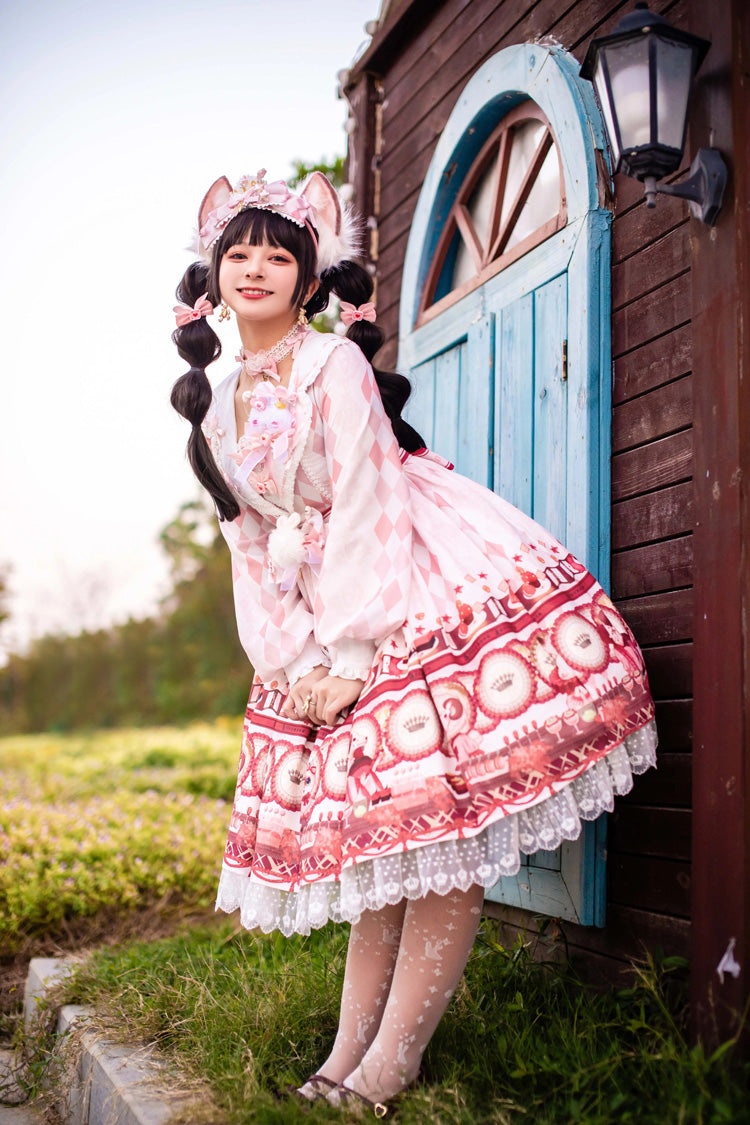 White Afternoon Fantasia Print Ruffle Bowknot Sweet Lolita Jsk Dress