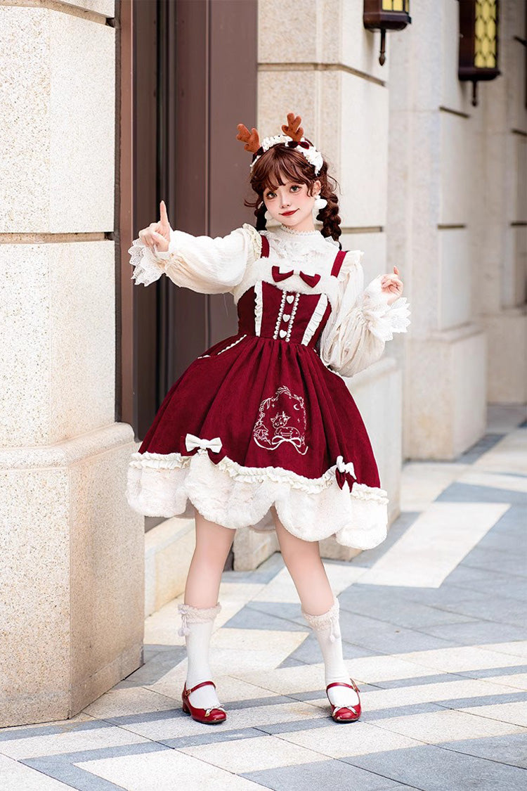 Deer Print Embroidery Bowknot Princess Autumn Winter Sweet Lolita JSK Dress 2 Colors