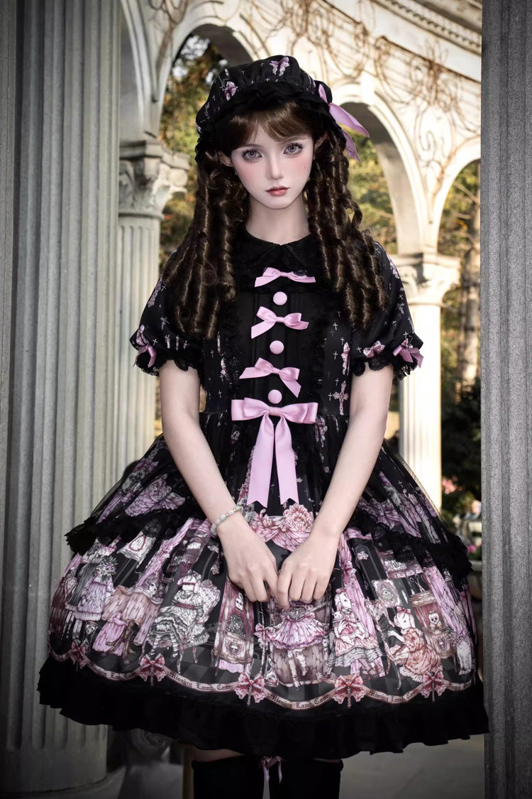 Black The Case of the Missing Lamb Print Long Sleeves Ruffle Bowknot Lace Gothic Lolita Dress
