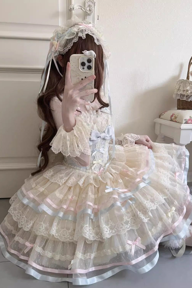 Blue Butterfly Heart Ballet Triple-Layered Ruffle Bowknot Lace Sweet Ballet Lolita Jsk Dress