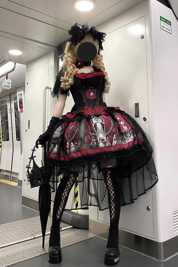 Red Dark Moon Corridor Print Embroidery Gothic Lolita Dress Skirt