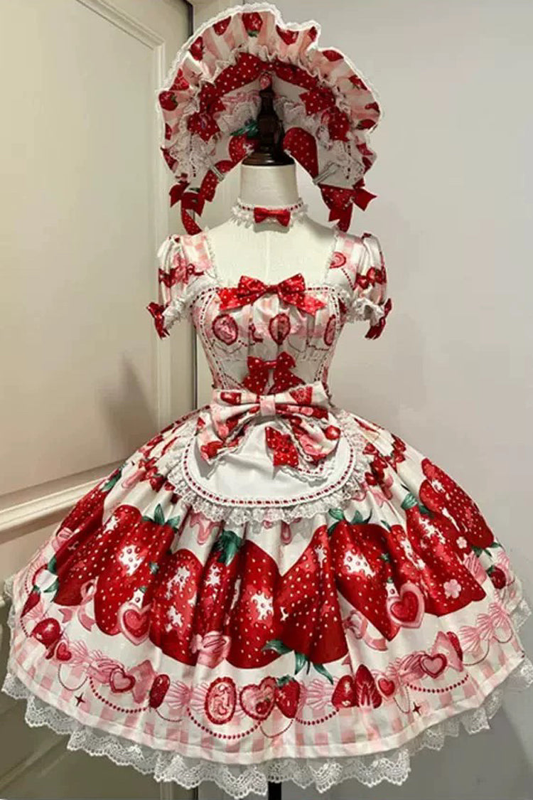 Dream to Strawberry Print Short Sleeves Ruffle Bowknot Lace Sweet Lolita OP Dress 4 Colors