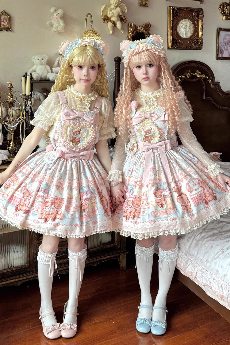 Bear Anniversary Celebration Sleeveless Printed Ruffled Bow Sweet Lolita Jsk Dress 2 Colors