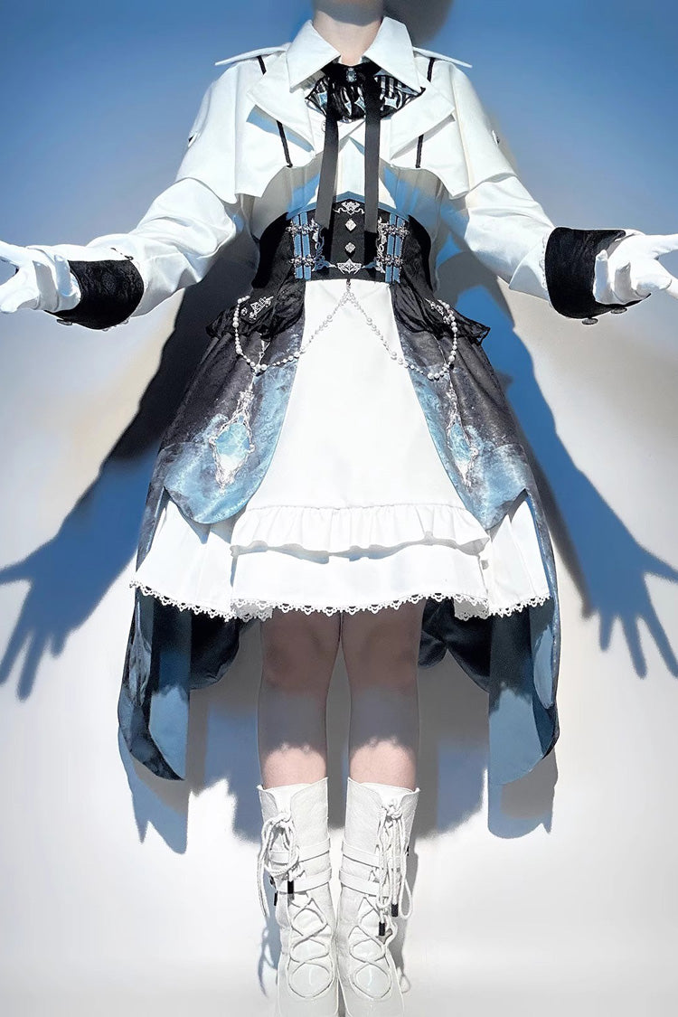 White/Blue Gradient Print Ruffle Cardigan Pearl Sweet College British Knight Style Handsome Lolita Dress Set
