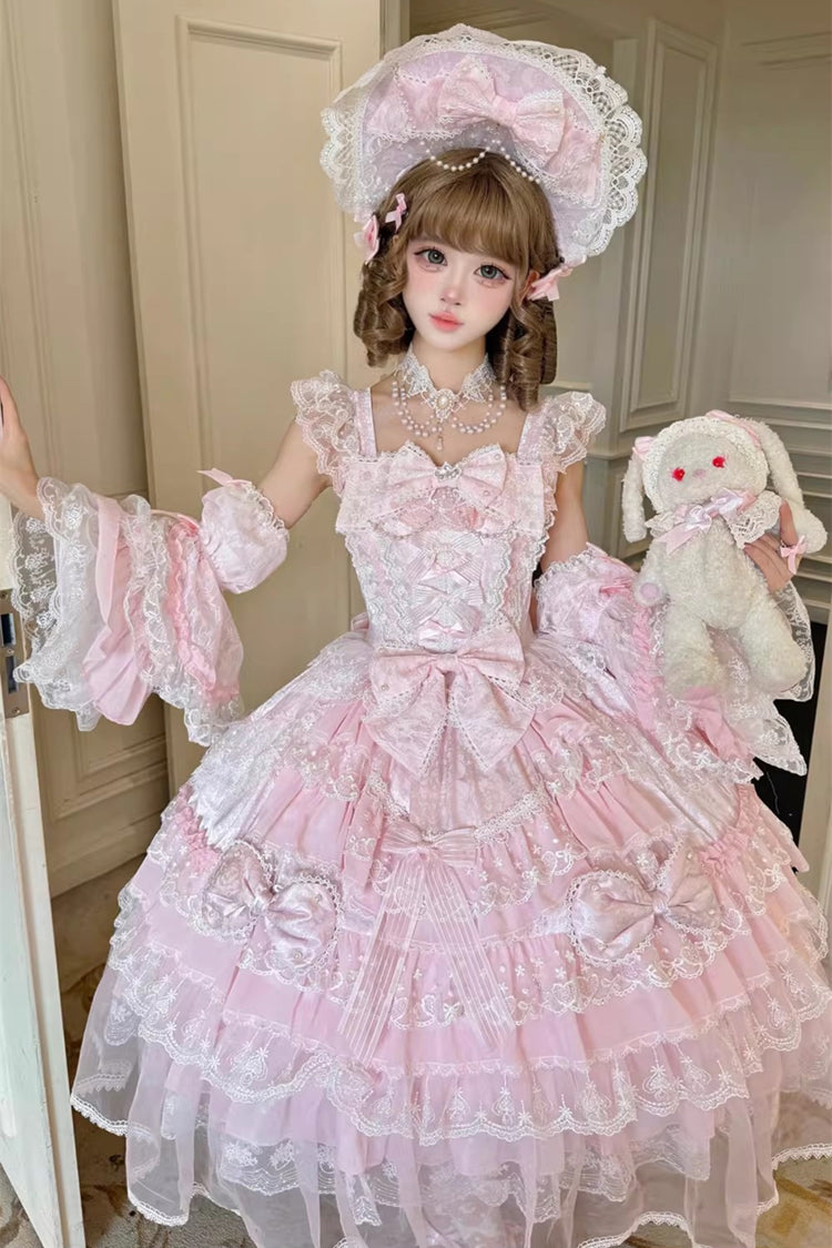 Pink Prelude of Spring Sleeveless Multi-Layered Ruffled Bow Lace Sweet Princess Lolita Jsk Dress