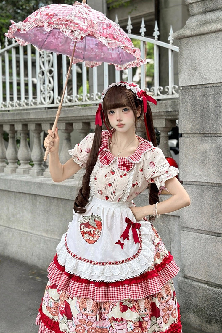 Red Bear Strawberry Ode Print Short Sleeves Double-Layered Ruffle Bowknot Sweet Princess Lolita Jsk Dress