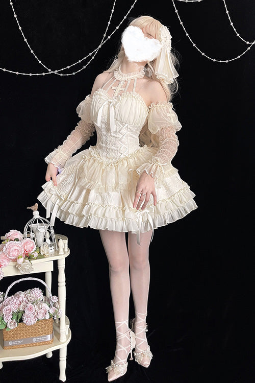 Ivory Tube Top Sleeveless Blowknot Ruffled Sweet Lolita Tiered Dress