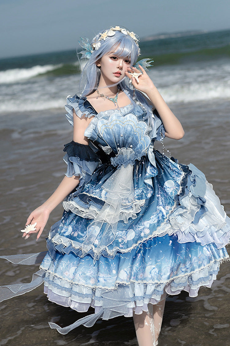 Blue Jellyfish Gradient Print Ruffle Embroidery Bowknot Lace Asymmetric Sweet Elegant Lolita Jsk Dress