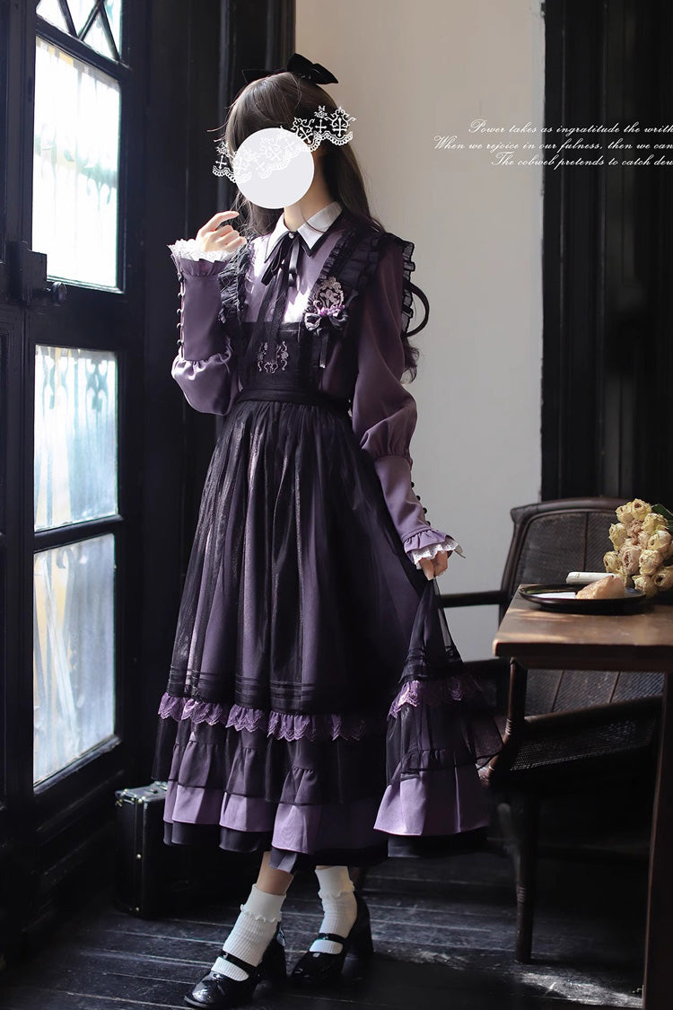 Black Witch Academy Double-Layered Ruffle Embroidery Bowknot Mesh Sweet Elegant Lolita Jumper Dress