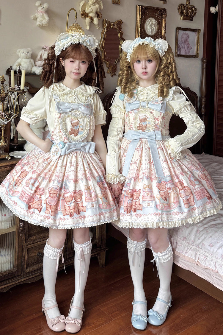 Bear Anniversary Celebration Sleeveless Printed Ruffled Bow Sweet Lolita Jsk Dress 2 Colors