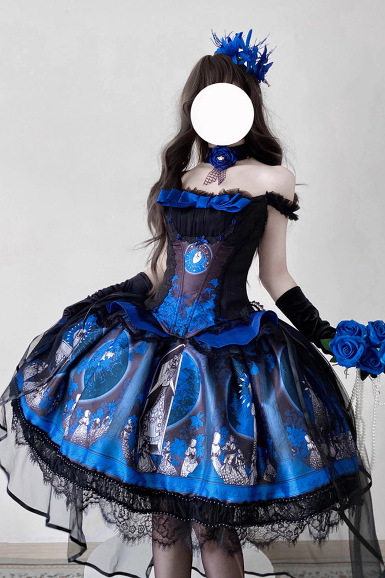 Blue Dark Moon Corridor Print Embroidery Gothic Lolita Dress Skirt