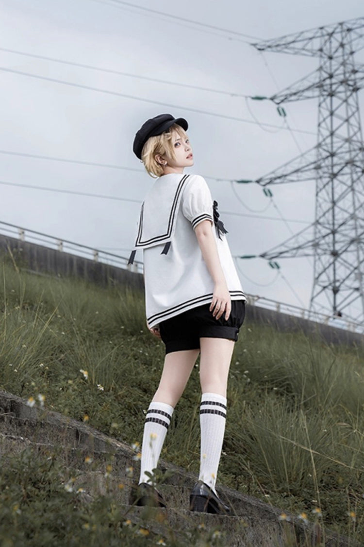 Black/White Old Stories Navy Collar Short Sleeves Bowknot Ouji Gothic Lolita Blouse Shorts Set