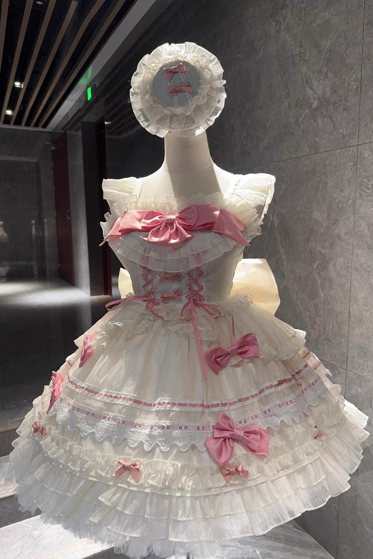 Apricot/Pink Prelude to Spring Song Sleeveless Multi-Layered Ruffle Bowknot Lace Sweet Princess Ballet Lolita Jsk Dress