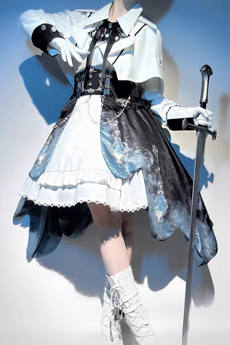 White/Blue Gradient Print Ruffle Cardigan Pearl Sweet College British Knight Style Handsome Lolita Dress Set