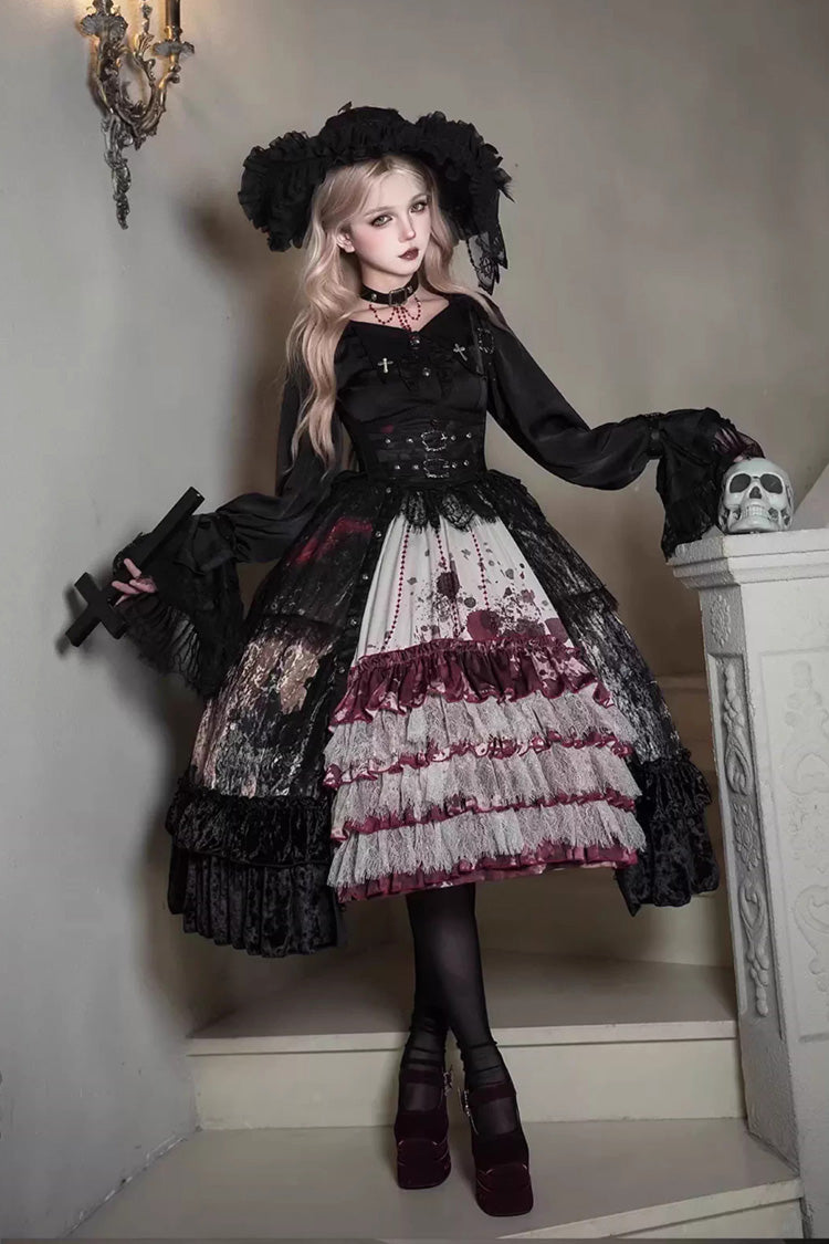 Heretical Nun Sleeveless Multi-Layered Printed Ruffled Open-Front Gothic Plus Size Lolita Strap Dress Short Version 2 Colors