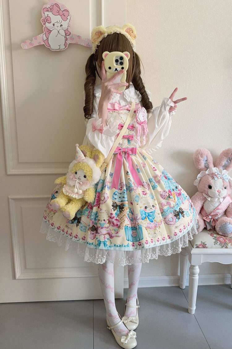 Yellow Floral Whisper Bear Print Ruffle Bowknot Lace Sweet Princess Lolita Jsk Dress