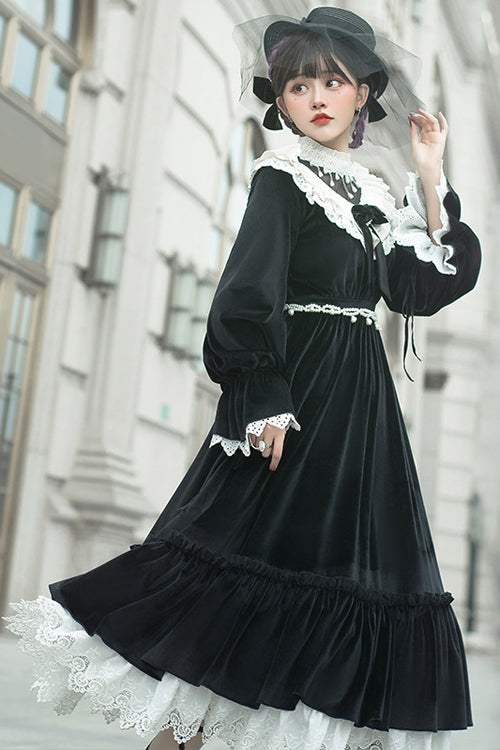 Black Silk Velvet Doll Collar Elegant Long Classic Lolita OP Dress